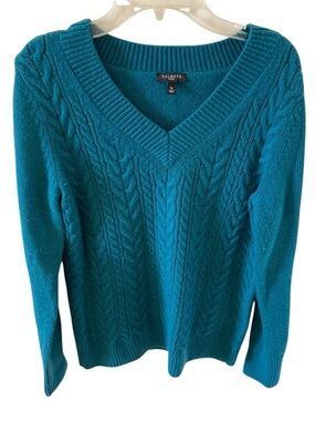Talbots Cable Knit V-Neck Lambswool Sweater SP Teal